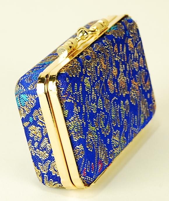 Silk Brocade Blue Gold Travel Case Accessory Jewelry Box w/ Mirror ...