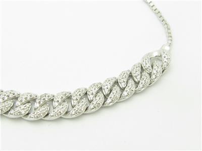 Platinum Sterling Silver White Sapphire Pave ID Long Bar Design Macrame Bracelet