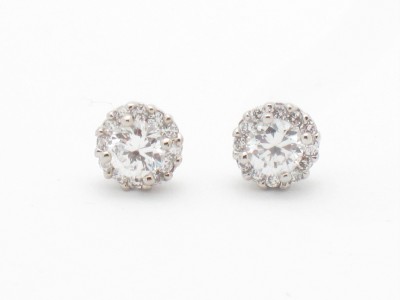 Platinum Silver Unique Diamond Set White Sapphire Halo Design Stud 