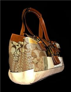 Nice Coach Khaki Patchwork Signature Suede Whiskey Leather
