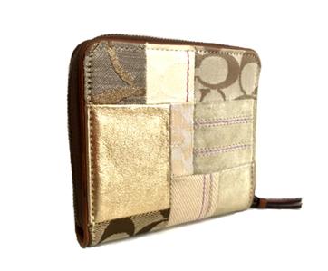 Coach Patchwork Wristlet Brown Suede Leather Canvas Zipper