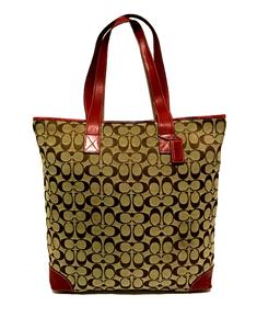 EUC Coach Hamptons Khaki Signature C Red Leather Trim LG Gallery