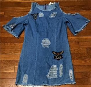 blue jean ripped dress Nice Women's Hot & Delicious & Distressed Denim Size Small Size:10.5 Wide light sky blue prom dresses paneled design Summer Day Mini Dress