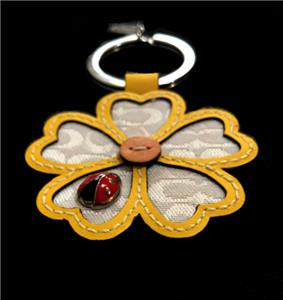 RARE Coach White Yellow Five Leaf Lucky Clover Ladybug Keychain