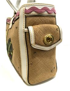 COACH LEAFY LADY BUG CRYSTAL STRAW LEATHER APPLIQUE BOXY TOTE BAG