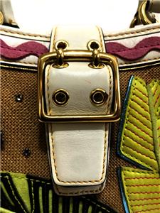 COACH LEAFY LADY BUG CRYSTAL STRAW LEATHER APPLIQUE BOXY TOTE BAG