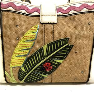 COACH LEAFY LADY BUG CRYSTAL STRAW LEATHER APPLIQUE BOXY TOTE BAG