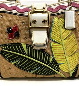 COACH LEAFY LADY BUG CRYSTAL STRAW LEATHER APPLIQUE BOXY TOTE BAG