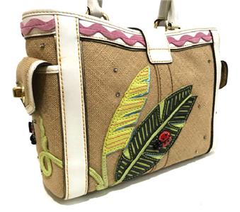 COACH LEAFY LADY BUG CRYSTAL STRAW LEATHER APPLIQUE BOXY TOTE BAG