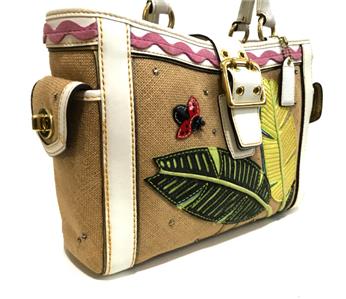 COACH LEAFY LADY BUG CRYSTAL STRAW LEATHER APPLIQUE BOXY TOTE BAG