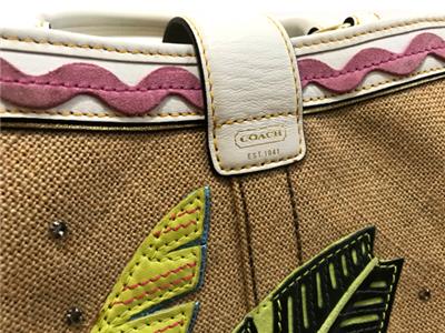 COACH LEAFY LADY BUG CRYSTAL STRAW LEATHER APPLIQUE BOXY TOTE BAG