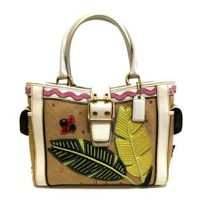 COACH LEAFY LADY BUG CRYSTAL STRAW LEATHER APPLIQUE BOXY TOTE BAG