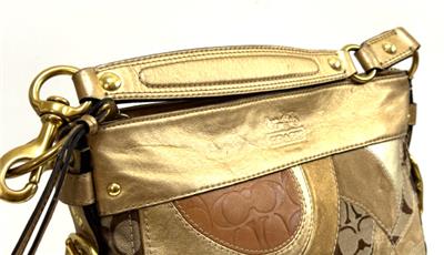 NICE Coach Gold Metallic Signature Patchwork Zoe Medium Hobo Bag