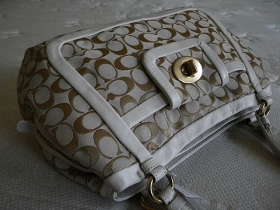 NEW COACH XL KHAKI SIGNATURE PEARLIZED LEATHER TRIM TOTE BAG PURSE