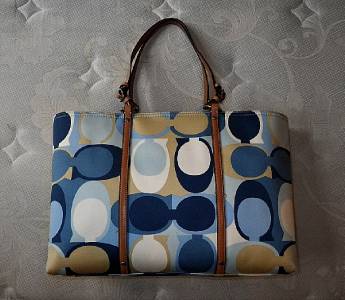 NEW Coach Ltd Ed Blue Multicolor Sig Scarf Print LG Tote Bag Purse