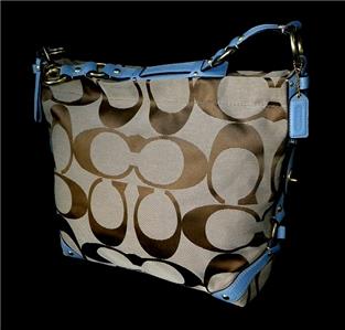 NEW Coach Iconic LG Carly Signature Khaki C Powder Blue Hobo Tote