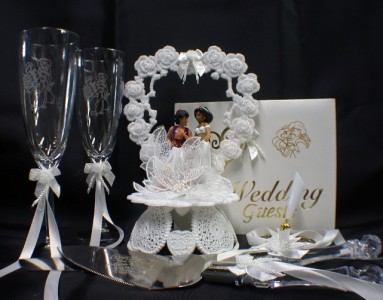 Aladdin Jasmin Wedding  Cake  Topper LOT Glasses knife  