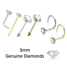 3mm Genuine Real Diamond Nose Ring Stud 