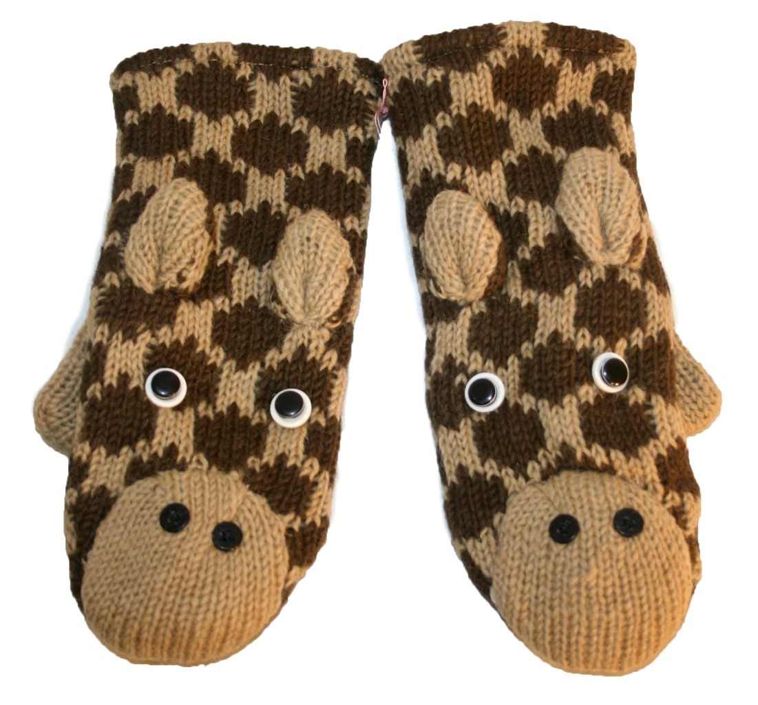 ADULT GIRAFFE KNITTED WOOL FLEECE LINED ANIMAL HAT CAP MITTEN GLOVE