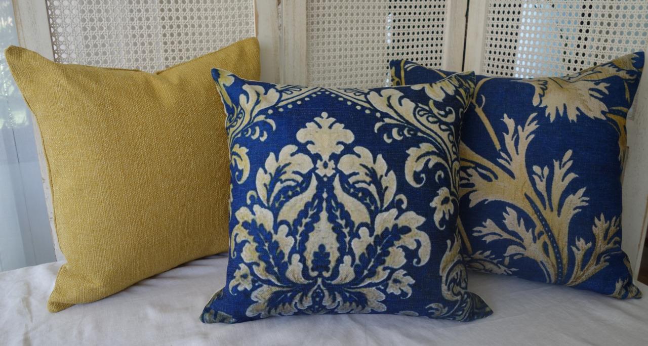 Mix & Match Deep Blue Mustard Classic Acanthus Fronds Hamptons Cushion