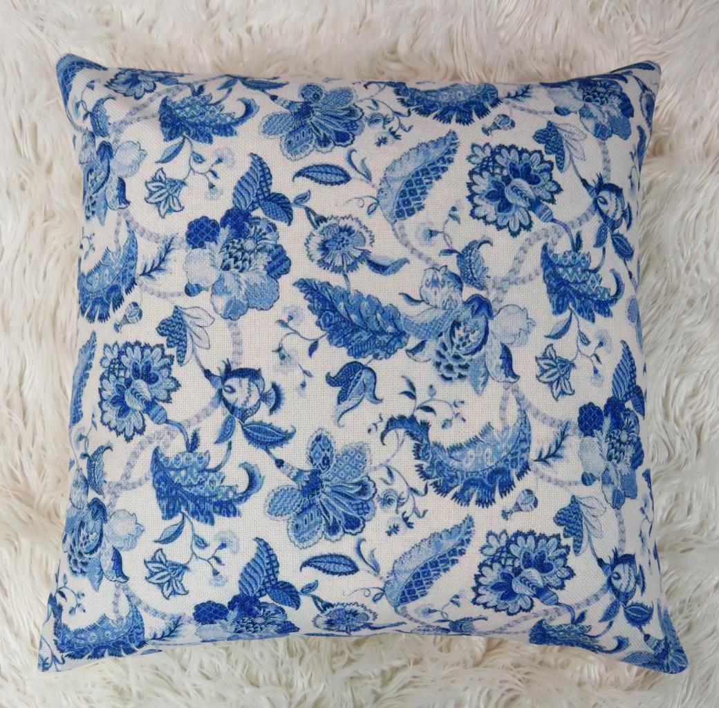 Porcelain Blue Jacobean Flowers Hamptons Linen Look Cushion Cover 45 | eBay