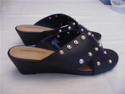 Comfortview Women/'s Gia Footbed Sandal Black Studded Size 8W New