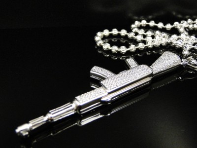 White Gold Sterling Silver Lab Simulated Diamond AK 47 Gun Pendant ...