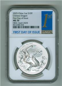 ChineseDragon・SILVER PR COIN China 2025 Dragon 1 oz Silver MS-70 NGC (First Day of Issue