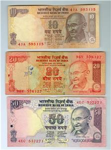 India 10 20 50 100 500 1000 Rupias Conjunto De 6 Notas Condicion Circulada Ebay
