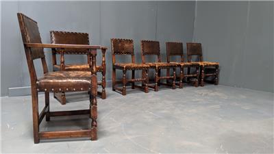 6 Antique Distressed Leather Tudor Dining Chairs C1920 High