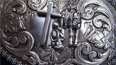 Nocona Western Belt Buckle Motorcycle Man at Cross Praying 37972