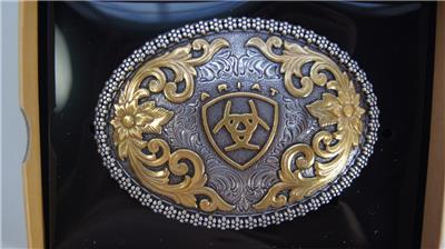Ariat Western Mens Belt Buckle Filigree Shield Berry Edge Silver Gold A37007
