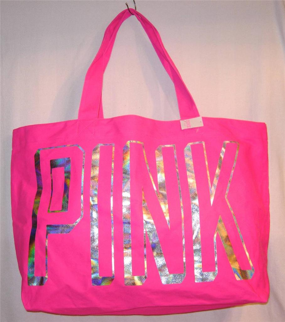 Victoria's Secret PINK Silver Metallic Canvas Large Tote Purse Gym Bag ...