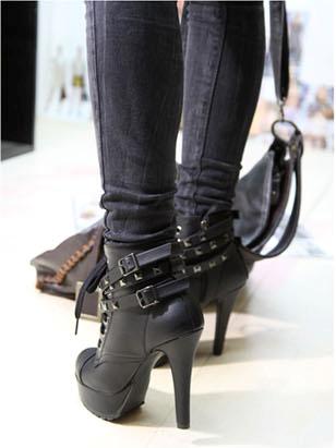 Women's Faux Leather Platform studded Belt Shoes High Heel Lace Up ...