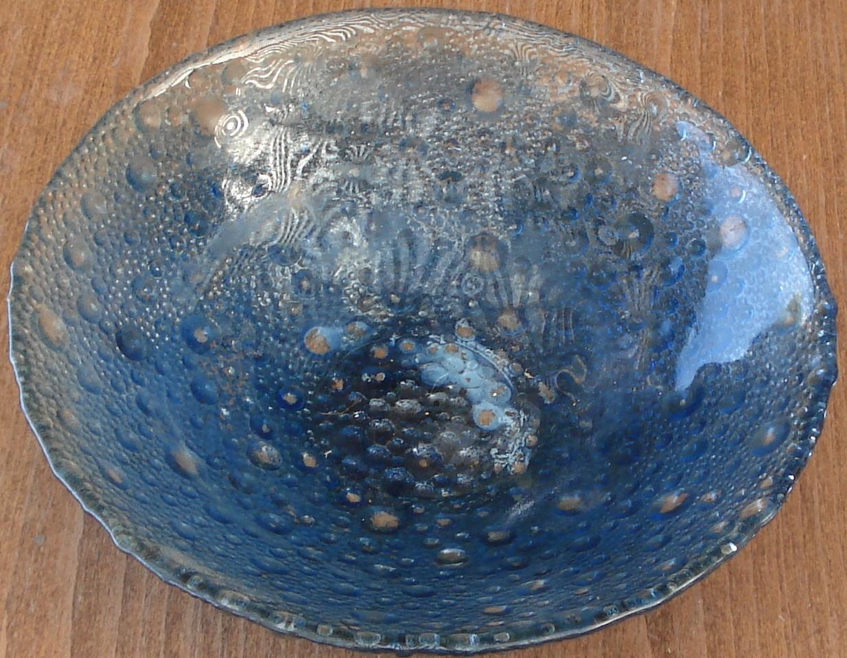 Vintage Pressed Glass Salad Bowl Bubble Pattern Flashed Blue Color