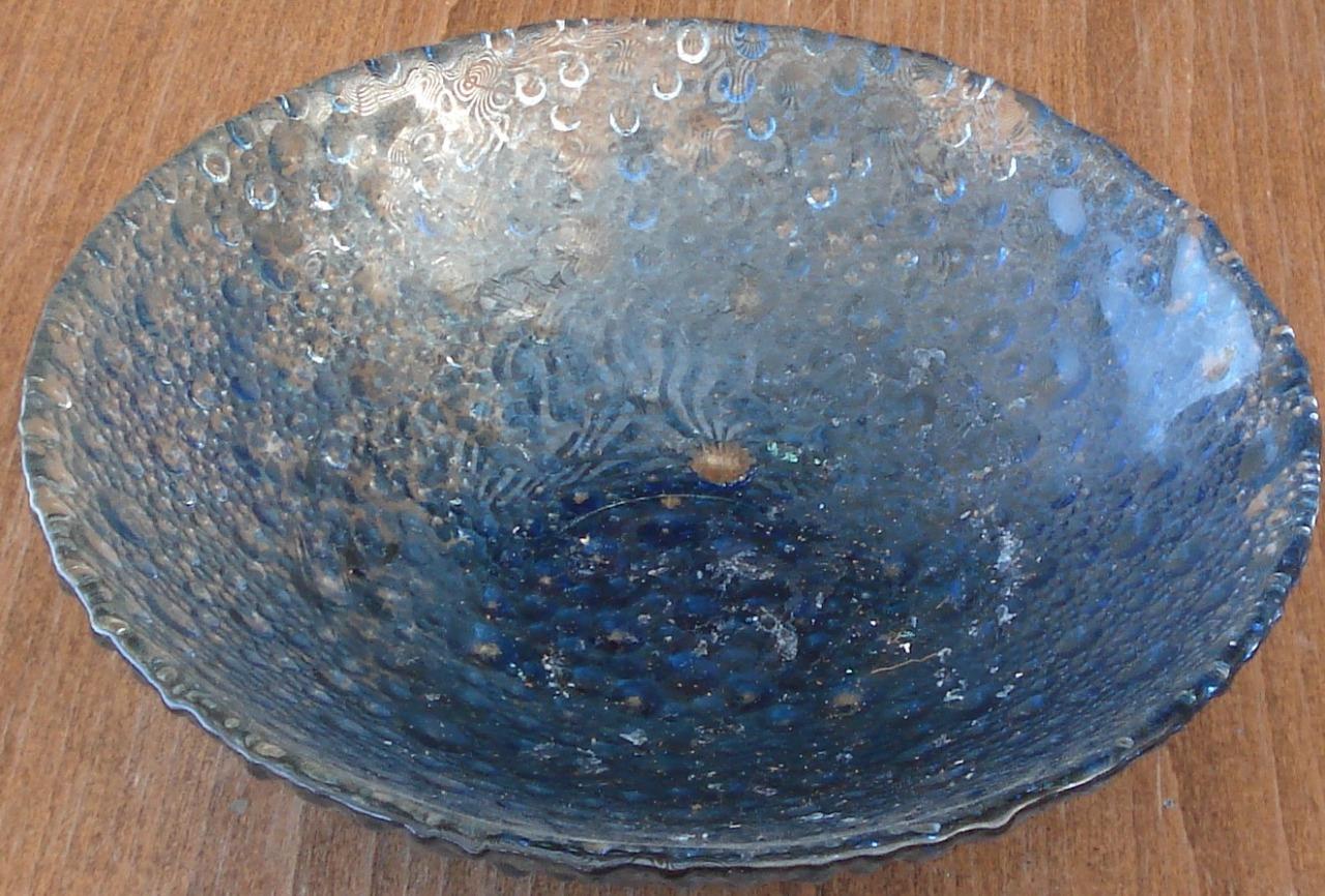 Vintage Pressed Glass Salad Bowl Bubble Pattern Flashed Blue Color