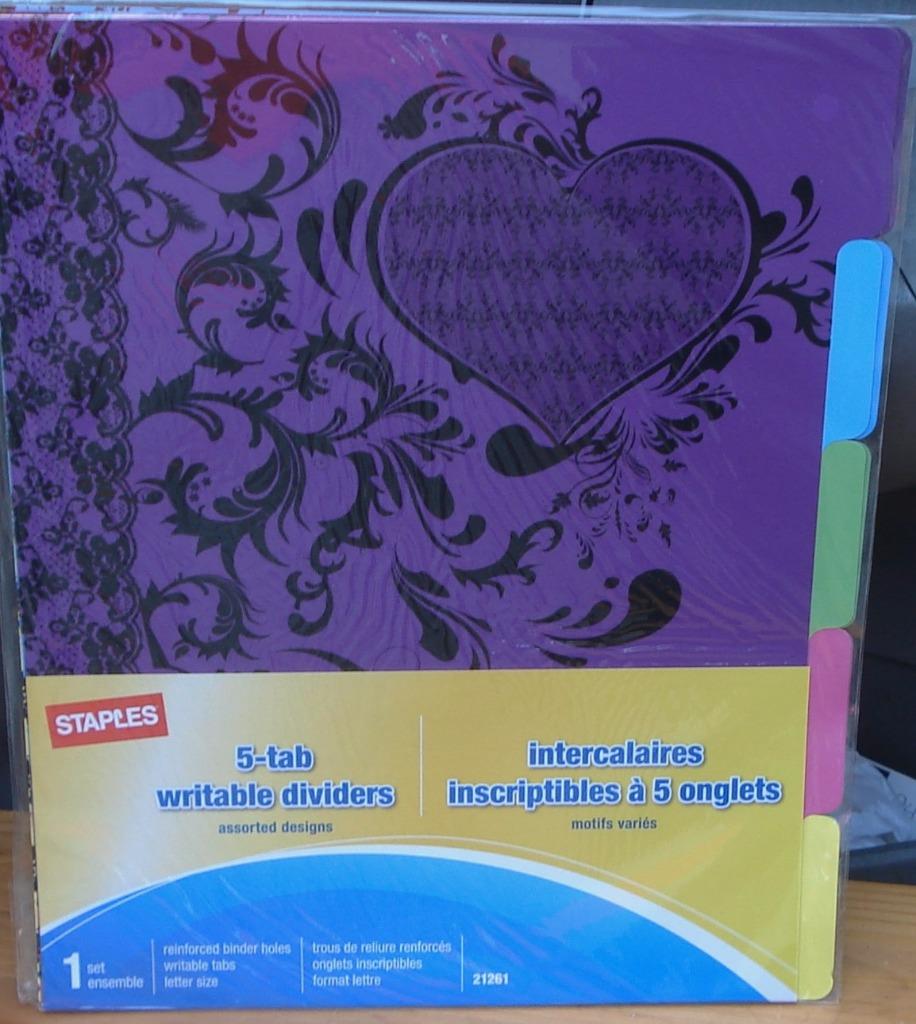 Staples 5-Tab Writable Dividers NEW Heart Patterns in 5 Different Colors