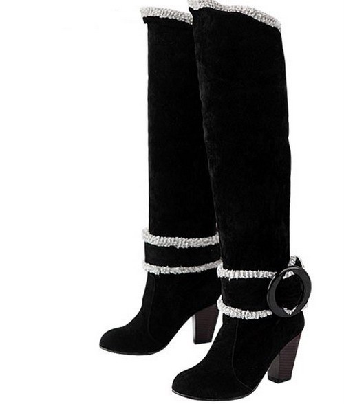 Quality Faux Suede Round Buckle Coarse Heel Fold Fashion Knee High ...