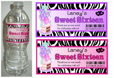 20 Zebra Sweet 16 Sixteen Birthday Party Favors Water Bottle