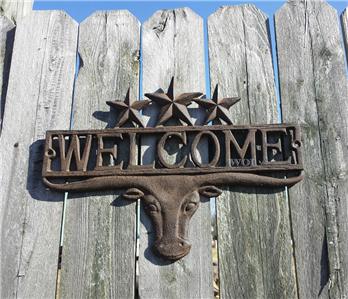 Metal Work Rustic Bull Head Cow Ranch Gate Welcome Plaque Cattle Sign Worn Rust