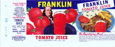 In. Franklin Franklin Tomato Juice Vintage Can Label Franklin Brokerage /& Whse