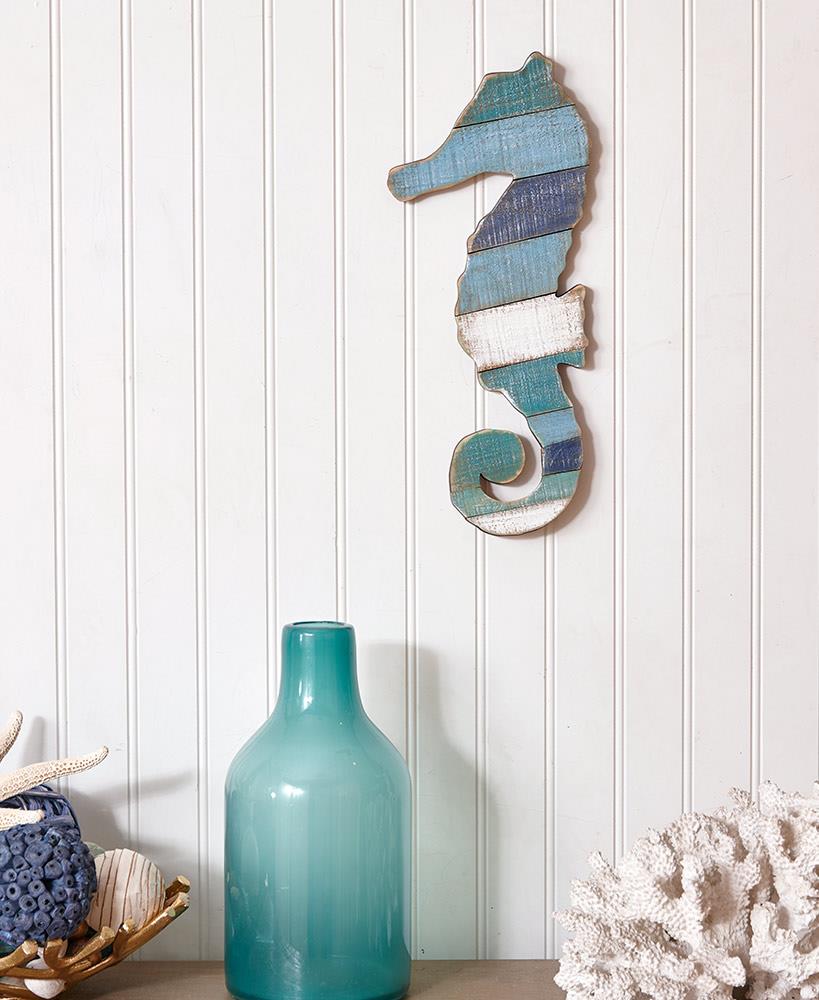 Beach Coastal Wood Blue Seahorse Wall Hanging Beach Decor Free Shipping