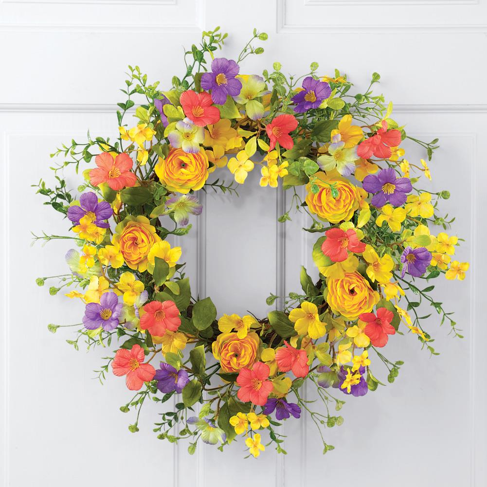 Bibelot 20 Daisy and Lavender Wreath Colourful Artificial Flower with Berry Wreath Spring Summer Wreath for Front Door Wall Window Wedding Decor