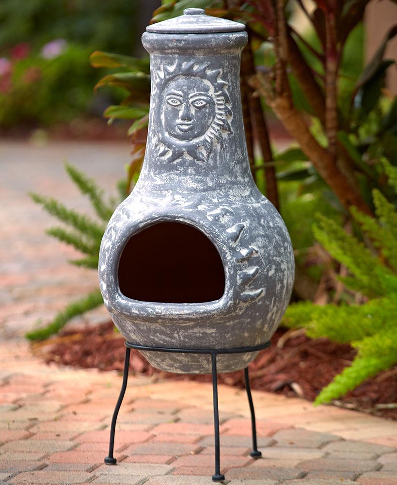STONE GRAY Rustic Sun Face Outdoor Clay Chiminea Patio Fire Pit with