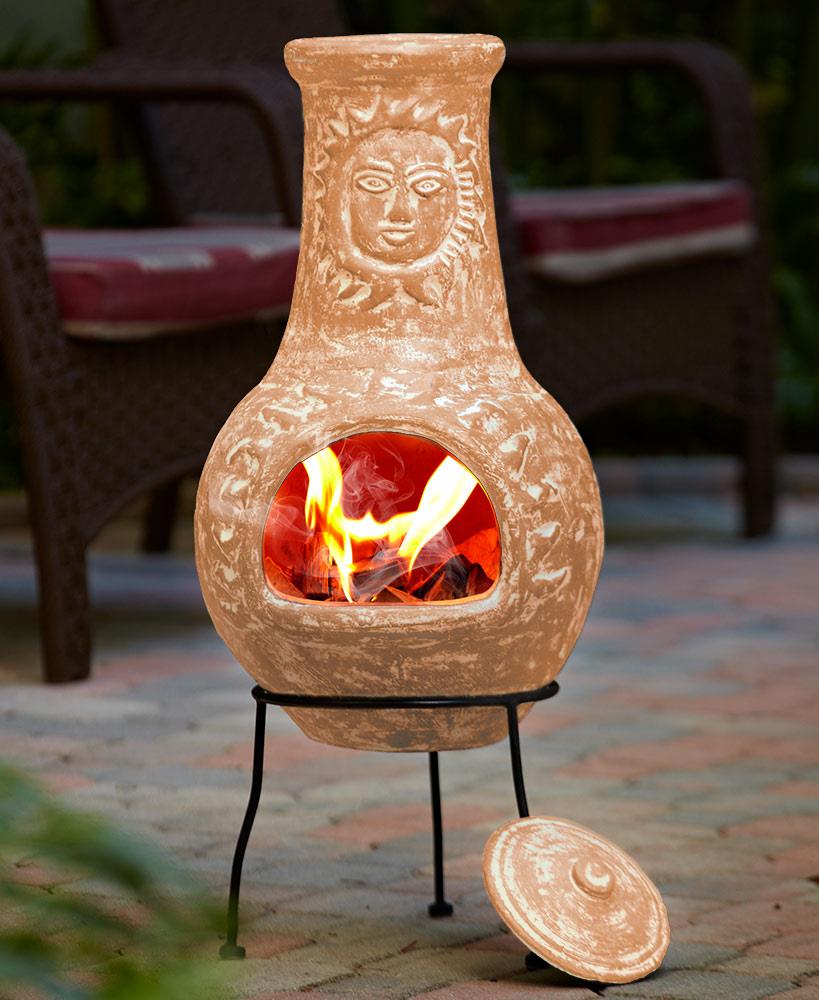 STONE GRAY Rustic Sun Face Outdoor Clay Chiminea Patio Fire Pit with ...