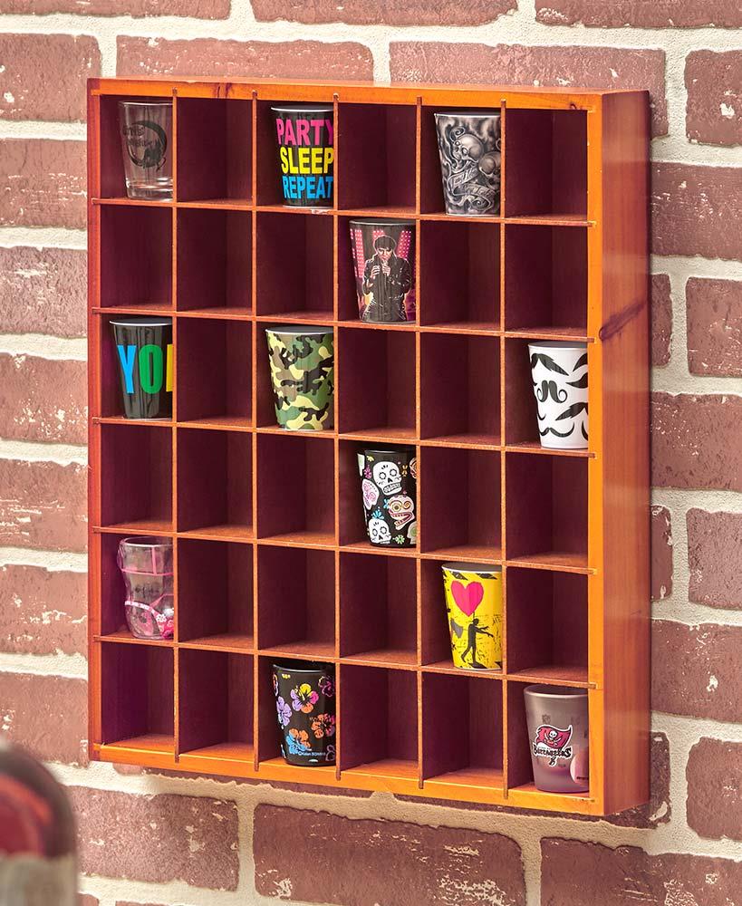 36 Shot Glass Display Case Collectibles Wall Mounted Wooden Rack Shelf
