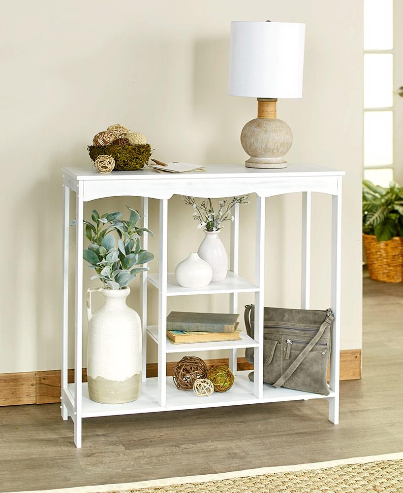 White Entryway Console Table With Shelving Foyer Behind Sofa