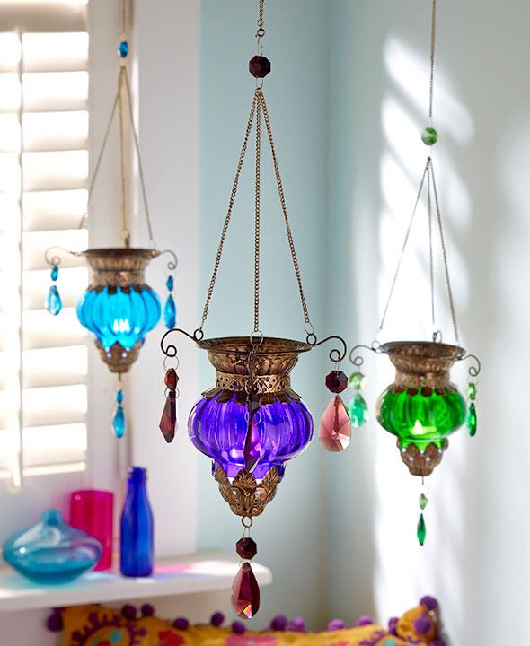Hanging LED Candle Moroccan Lanterns Teardrops Crystals Colored Glass