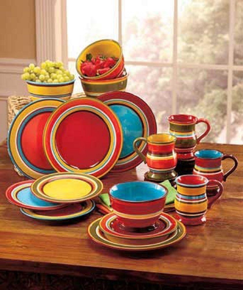 NEW 16 PC Vibrant Southwest Fiesta Striped Dinnerware Set Bowls Plates ...