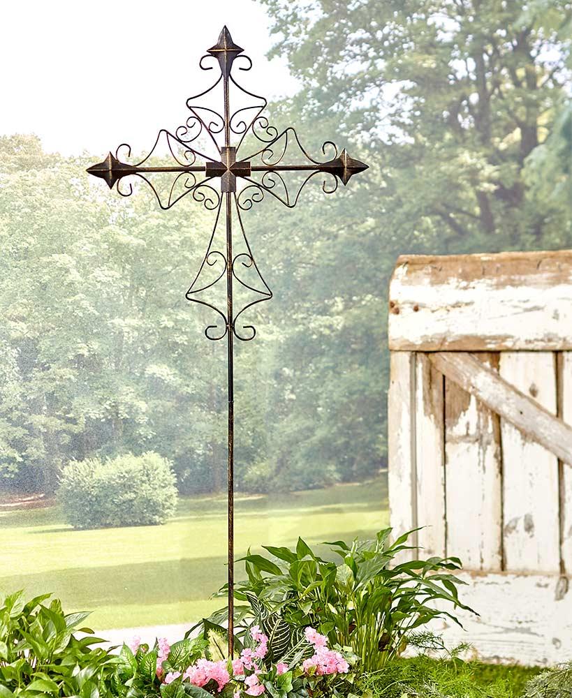 4 FT Tall Scrolled Metal Cross Memorial Garden Stake Lawn Yard Art